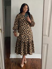 SHEIN Lady CURVE Plus Size Fashion Sexy Leopard Print Ruffle Hem Dress Work Outfits For Women - Multicolor - View 5