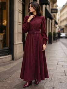 Balvessa Women's Elegant Commuter Front Button Long Dress, Autumn/Winter - Burgundy - View 4