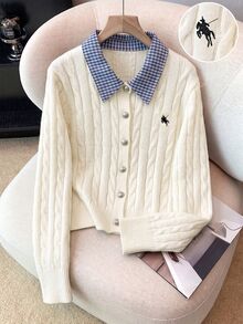 GlowEve CURVE New Arrival Plus-Size Women's Autumn & Winter Knit Cardigan, 2 In 1 Design With 3D Twisted Rope Texture And Off-White Plaid Collar, Preppy Sty - Beige - View 2