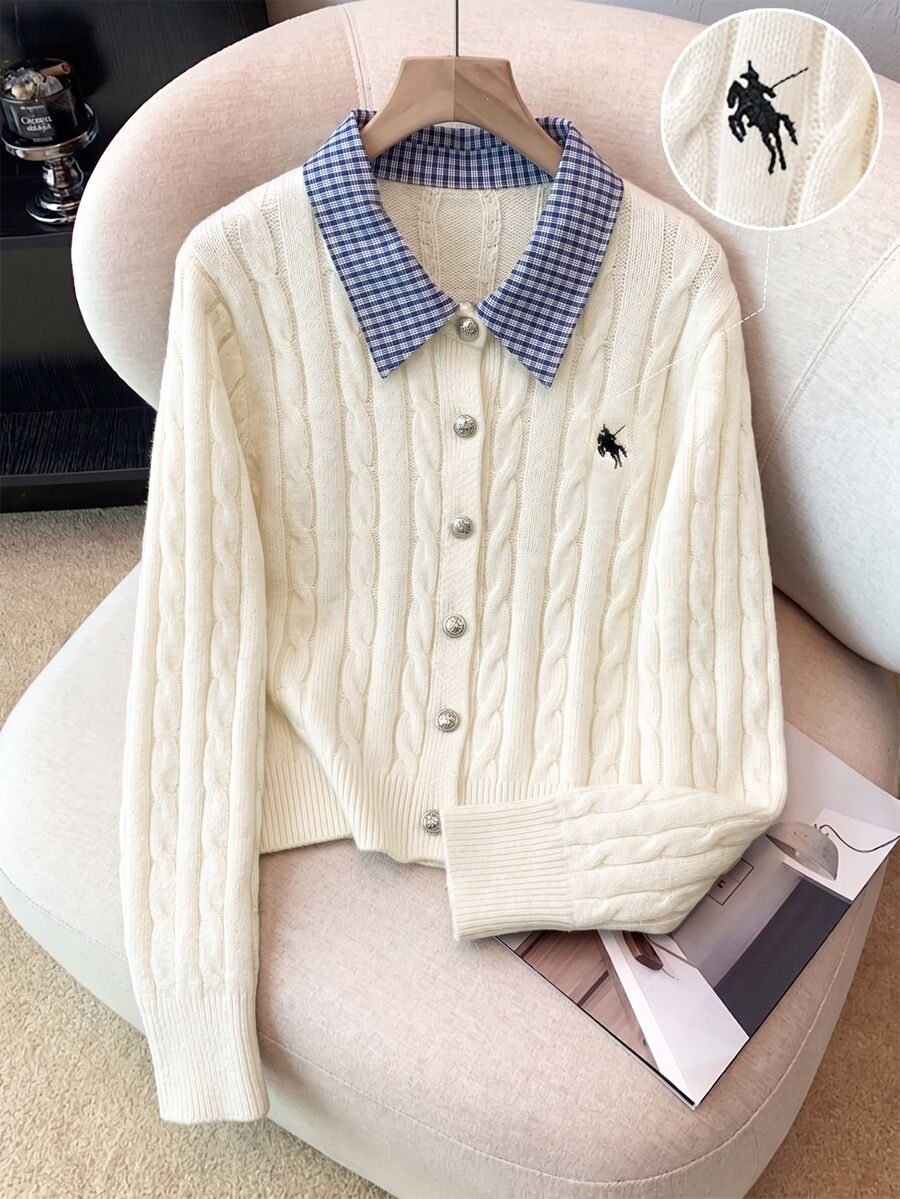 GlowEve CURVE New Arrival Plus-Size Women's Autumn & Winter Knit Cardigan, 2 In 1 Design With 3D Twisted Rope Texture And Off-White Plaid Collar, Preppy Sty - Beige - View 1