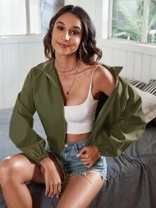SHEIN Frenchy Jaket dengan Resleting dan Bahu Longgar untuk Musim Gugur/Dingin - Hijau Tentara - View 3