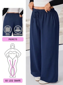 Solflare Casual Versatile Solid Color Loose Plus Size Pants - Navy Blue - View 1