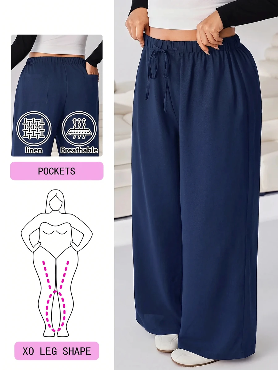 Solflare Casual Versatile Solid Color Loose Plus Size Pants - Navy Blue - View 1