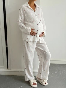 Dazy Maternity Contrast Color Heart Print Loose Long Sleeve Shirt & Straight Leg Pants Casual Daily Home Wear Spring Autumn Maternity 2 Pieces Set - White - View 4