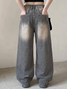 Dazy Plus Korean Vintage Washed Distressed Loose Wide Leg Long Pants Casual Spring Autumn New Style Denim Jeans For Girls - Grey - View 3