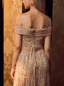 MOTF Soiréza ELEGANT WOMEN'S OFF SHOULDER SEQUINED MAXI GOWN WITH BOW DETAIL FOR FORMAL PARTY, WEDDINGS, GALAS - Champagne - View 4