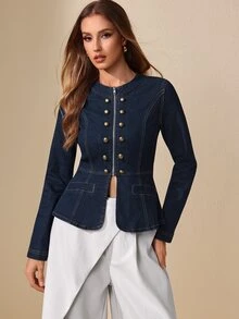 Selenza Jaket Denim Kasual Wanita Kancing Ganda, Musim Gugur - Dark Wash - View 4