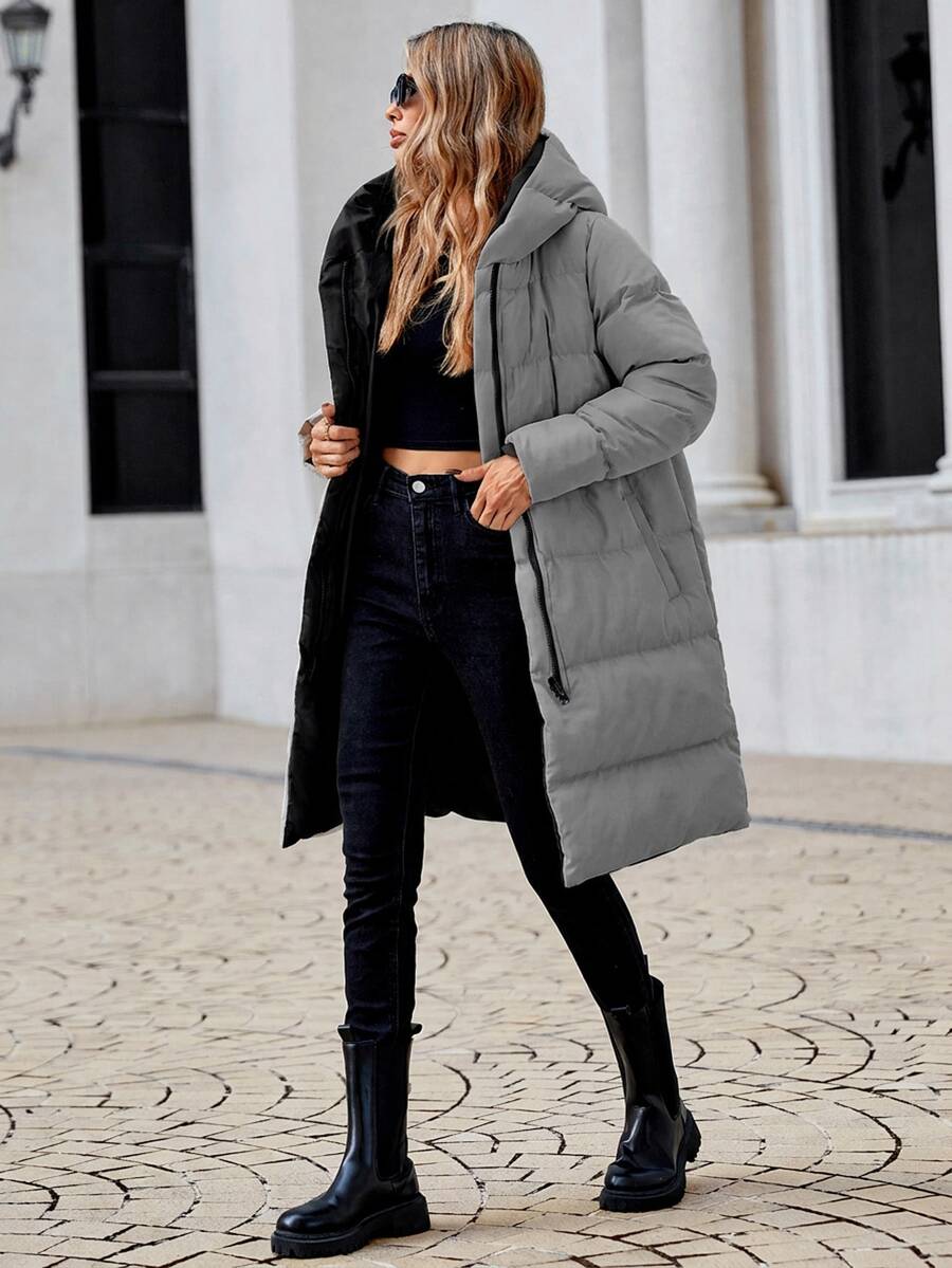 EURMUSE Women's Winter Long Sleeve Hooded Padded Coat With Pockets - Grey - View 1