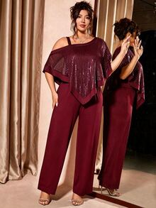 Cravure Plus Size Women's 2 Pieces Set With Sequin Patchwork Asymmetrical Top And Casual Long Pants, Cold Shoulder Vintage Commute Elegant Lady Intellectual Vacation Party Outfit - Burgundy - View 5