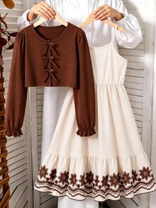 SHEIN Casuvi Kids Tween Girls Fall Autumn Rib Knit Bow Cardigan & Floral Border Cami Dress Set - Mocha Brown - View 1