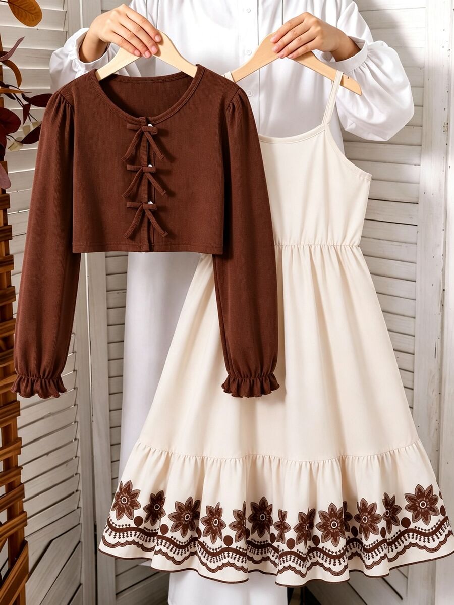 SHEIN Casuvi Kids Tween Girls Fall Autumn Rib Knit Bow Cardigan & Floral Border Cami Dress Set - Mocha Brown - View 1