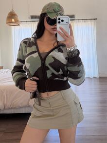 DAZY Autumn/Winter Green & Brown Camouflage Pattern Hooded Short Knit Cardigan, Casual Street Style Cool Chic Women's Sweater - Green - View 10