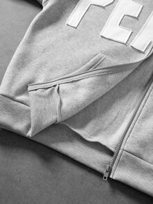 ROMWE MEN Street Life 男士字母刺繡長袖拉鍊休閒連帽衫 - 灰色 - 查看 5