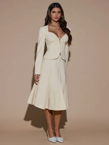 SHEIN BAE Women's Solid Color Long Sleeve Single-Breasted Blazer And Skirt Elegant Suit Set - Apricot - View 8