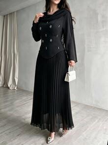Modelyn طقم شال نسائي منسوج أسود بأكمام طويلة مزين بالراينستون وتصميم مطوي، رومانسي وأنيق للتنقل والحفلات والمواعيد والخروجات، طقم من قطعتين - الأسود - مشاهدة 3