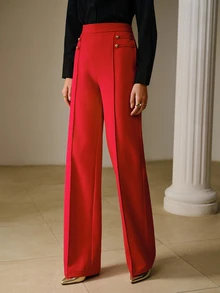 ZEYLAH Fashionable Elegant Commute Solid Color High Waist Straight Leg Pants - Red - View 6
