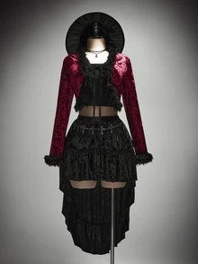 SHEIN ICON Plus-Size Black Y2K-Style Velvet Cropped Jacket With Faux Fur Trim And Lace-Up Detail Halloween Outfit - Burgundy - View 3