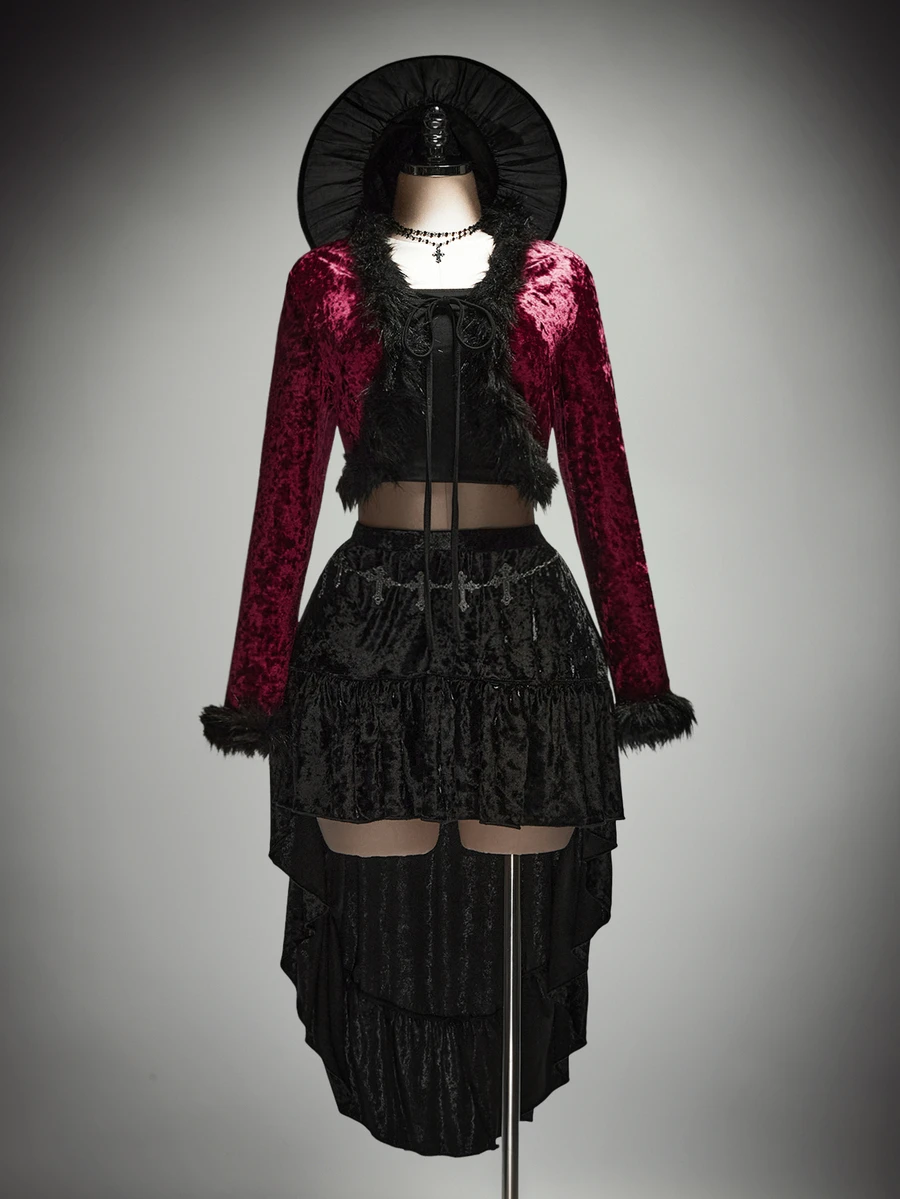 SHEIN ICON Plus-Size Black Y2K-Style Velvet Cropped Jacket With Faux Fur Trim And Lace-Up Detail Halloween Outfit - Burgundy - View 1