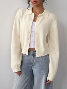 SHEIN BASICS Cardigan Rajut Lengan Panjang Kancing Serbaguna Gaya Lembut untuk Wanita - Aprikot - View 6