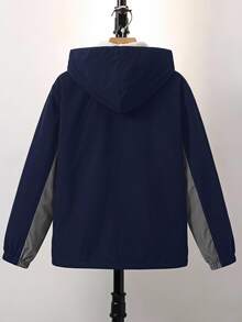 SHEIN 大童男孩休閒保暖內裡加厚連帽外套，秋冬款，復古風，幼童男孩拉鍊連帽衫，男孩外套，冬季上衣，冬季外套 - 藏蓝色 - 查看 3