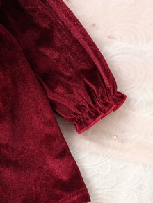 SHEIN Newborn Baby Girls Velvet Tutu Dress Sweet Elegant Burgundy Dress Big Bow Ruffle Solid Long Sleeve Thick Christmas Fall Winter Ballet Fuzzy Plush - Burgundy - View 7