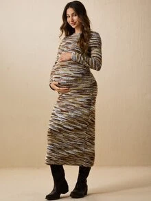 Boho Mama Gaun Hamil Kasual Wanita Lengan Panjang Leher Bulat Potongan Slim Fit dengan Motif Cetak Seluruh Permukaan - MultiWarna - View 1