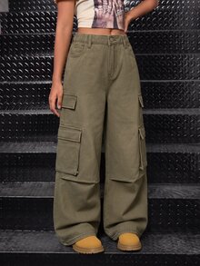 SHEIN 青少年女孩橄欖綠牛仔寬鬆寬腿工裝褲 - 軍綠色 - 查看 5
