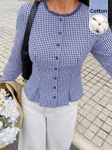 Serisse 女款休閒法式優雅格紋收腰襯衫，夏季早午餐茶會藍白配色 - 藍白色 - 查看 4
