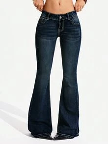 Jeanoix Jeans Denim Biru Flare Pinggang Tinggi Gaya Vintage Kasual Musim Gugur untuk Pergi Keluar, Washed, Ukuran Besar untuk Wanita - Dark Wash - View 6
