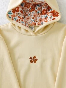 SHEIN 大女孩杏色碎花圖案保暖內裡連帽套頭運動衫，秋冬上衣 - 杏色 - 查看 1