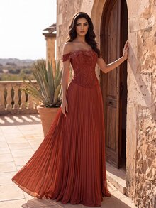 Coutiva Women's Elegant Evening Dress With 3D Floral Decor, Off-Shoulder Design And Pleated Hem - Rust Brown - View 2
