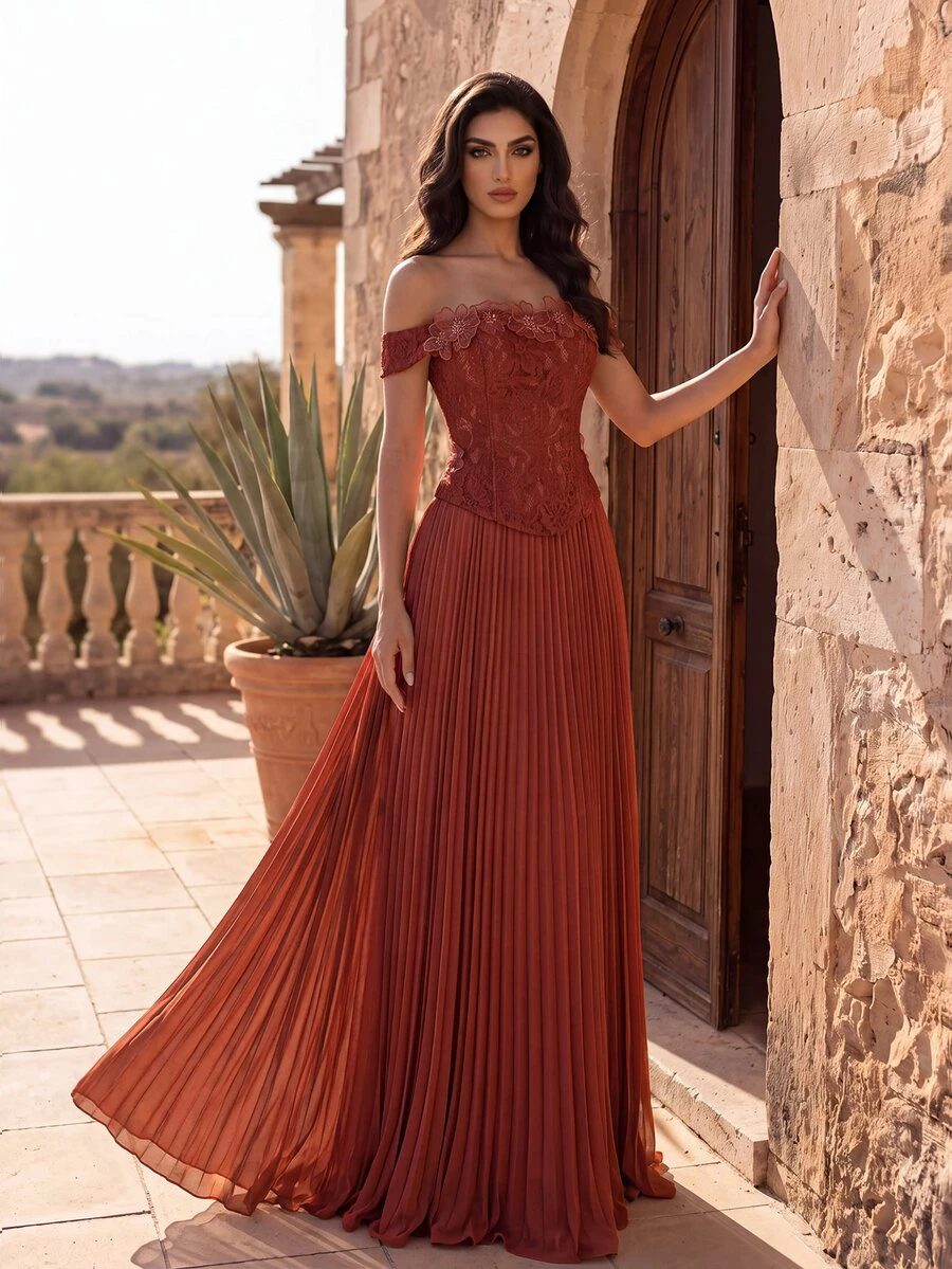 Coutiva Women's Elegant Evening Dress With 3D Floral Decor, Off-Shoulder Design And Pleated Hem