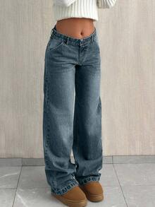 SHEIN Tall Women Dark Blue Washed Wide Leg Casual Jeans Tall - Dark Wash - View 5