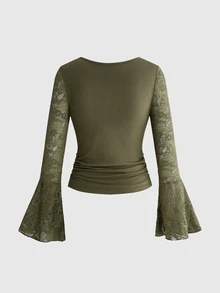 ROMWE Mori Style Hippie Fairycore V-Neck Lace Bell Sleeve Women's Top - Dark Green - View 2