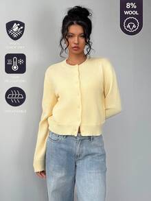 SHEIN BASICS 女款溫柔風百搭鈕扣長袖針織開襟衫 - 鵝黃色 - 查看 4