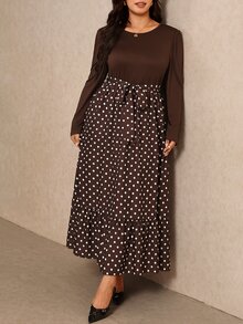 Elaquor Plus Size Women's Round Neck Puff Long Sleeve Polka Dot Hem Elegant Dress Fall/Winter Polka Dot Brown Dress For Women Elegant Going Out Brunch Dress - Brown - View 6