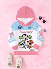 THE POWERPUFF GIRLS X SHEIN Young Girls Colorblock Patchwork Cartoon Print Hooded Sweatshirt - White - View 1