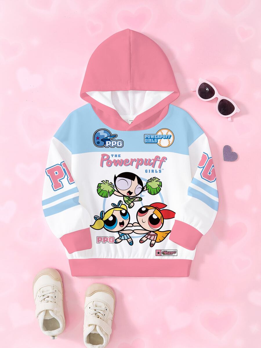 THE POWERPUFF GIRLS X SHEIN Young Girls Colorblock Patchwork Cartoon Print Hooded Sweatshirt - White - View 1