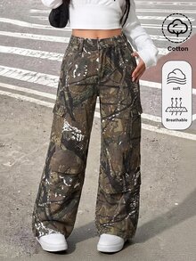 SHEIN 女童迷彩樹枝印花寬鬆牛仔長褲 - 軍綠色 - 查看 3