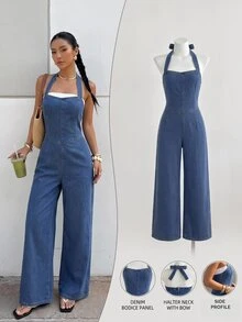Elamini Festival Standard Size Women's Blue Non-Stretch Halter Neck Denim Jumpsuit - Medium Wash - View 8