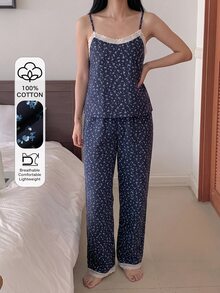 DAZY 2件組碎花拼接配色短袖T恤與長款睡褲套裝，夏季女款睡衣 - 藏蓝色 - 查看 4
