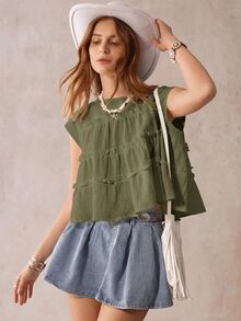 Wildy Gaya BOHO Cottagecore Kasual Gaya Pedesaan Amerika Longgar Hijau Sage Lengan Pendek Musim Panas Piknik Brunch - Hijau Tentara - View 7
