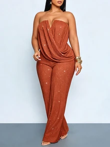 SOLERSUN Plus Size Elegant Party Strapless Ruched Draped Wide Leg Jumpsuit, High Elastic Textured Shiny Party, Fashion Elegant Commute Party Halloween Party - Rust Brown - View 4