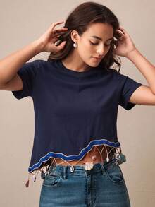 Anewsta Women's Summer Daily Ocean Element Niche Design Shell Pendant Round Neck Short Sleeve - Navy Blue - View 3
