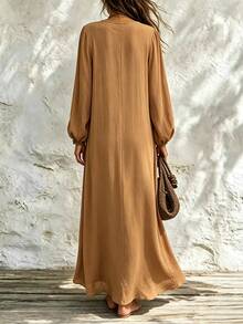 Breezaya Women's Fashion Elegant Vacation Style Embroidered Long Sleeve Dress - Brown - View 2