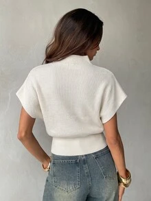 Aloruh 女款純色立領蝙蝠袖短袖休閒針織上衣 - 米色 - 查看 2