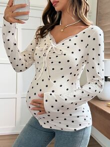 Dazy Maternity Polka Dot Elastic Top With Ruched Tie-Up Patchwork Long Sleeve Casual Vacation Korean Style Spring Autumn Maternity T-Shirt - White - View 4