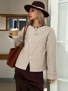 DAZY Women's Autumn/Winter Round Neck Long Sleeve Asymmetric Front Loose Solid Color Minimalist Casual Commuter Jacket Cardigan Overcoat - Khaki - View 4