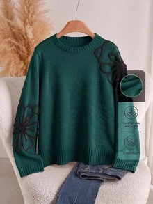 CosyJoli 大尺碼女款花卉印花圓領休閒日常長袖針織衫 - 墨綠色 - 查看 1