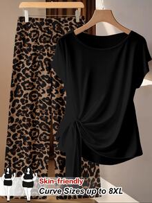 SHEIN CURVE+ 復古豹紋上衣與長褲大尺碼兩件套 - 彩色 - 查看 1